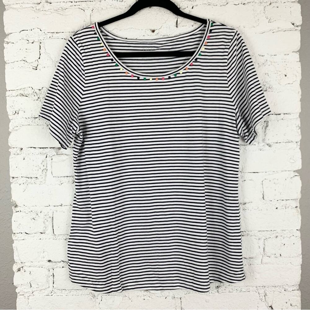 Talbots Pima Cotton Striped Pom Pom Rainbow Black White Tee Large